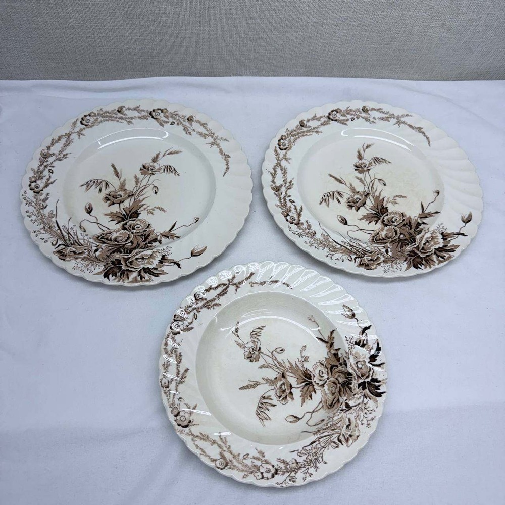 Clarice Cliff AJ Wilkinson Harvest Brown Transferware Plates Soup Bowl Set of 3